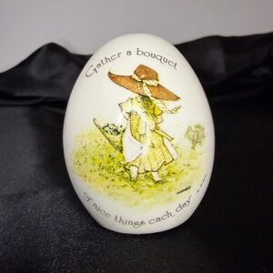 Vintage Holly Hobbie porcelain egg with original sticker. 1970s